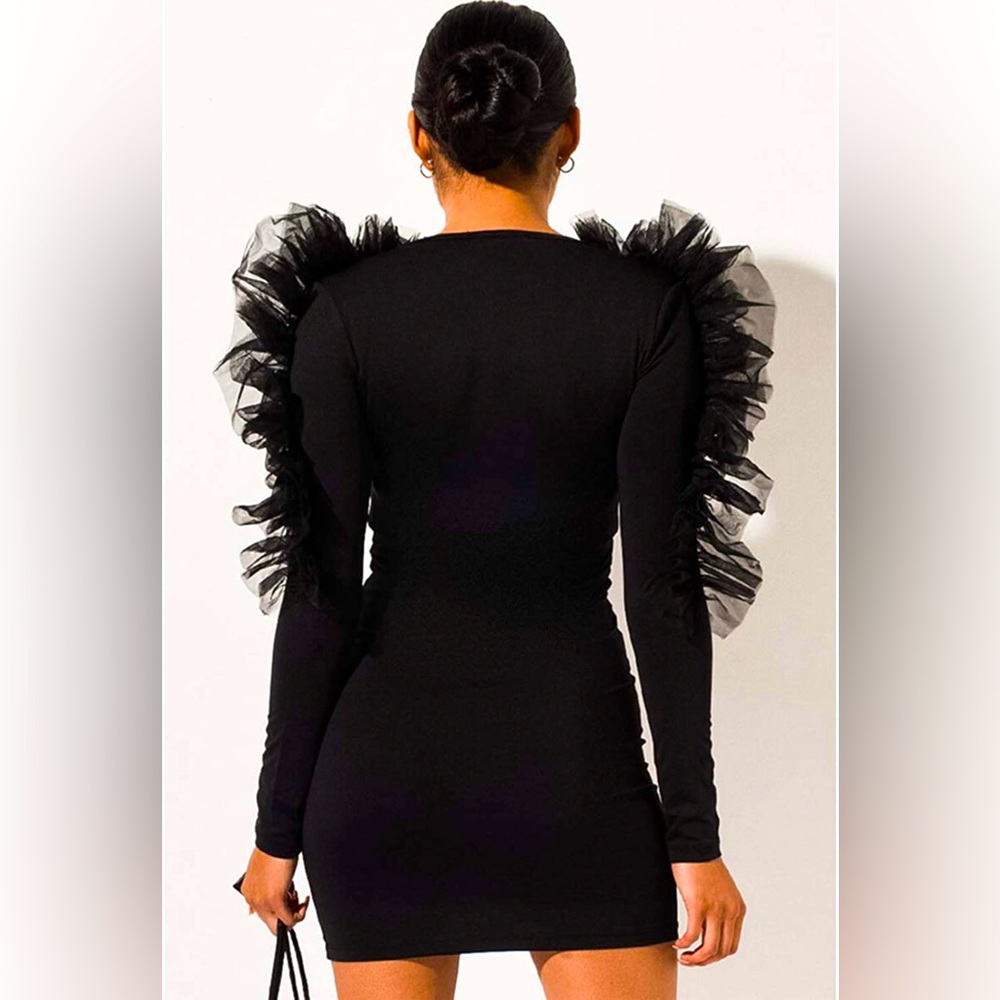 Black Fall V-Neck Business Cocktail Ruffled Sleeves Bodycon Dress size M - Picture 4 of 7